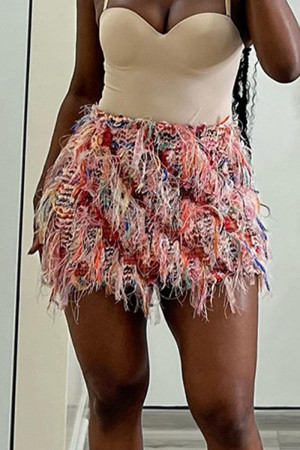 Pink Street Fringed Trim Patchwork Regular Mid Waist Patchwork Bottoms