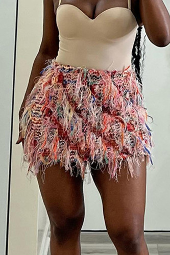 Pink Street Fringed Trim Patchwork Regular Mid Waist Patchwork Bottoms