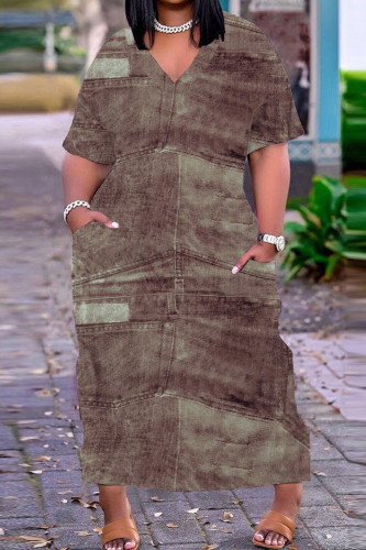 Brown Casual Print Basic V Neck Long Plus Size Dresses