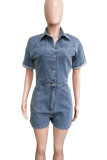 Deep Blue Sexy Solid Color Pocket Buckle Patchwork Zipper Turndown Collar Half Sleeve High Waist Loose Denim Jumpsuits