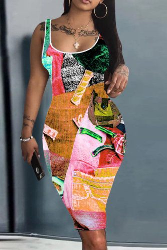 Orange Casual Print Basic U Neck Vest Dresses