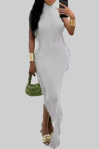 White Celebrities Solid Color Fringed Trim Hollow Out Patchwork Half A Turtleneck Long Dresses