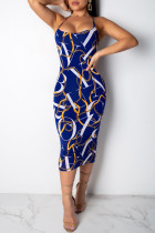 Deep Blue Sexy Print Patchwork Backless Spaghetti Strap Long Dresses