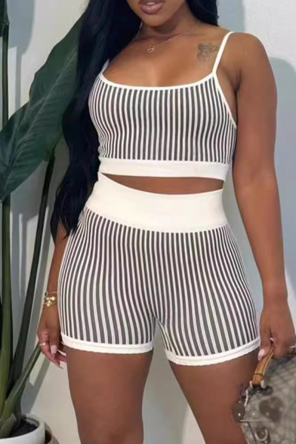 White Black Sexy Stripe Patchwork Backless Spaghetti Strap Sleeveless Two Pieces