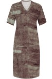 Pink Casual Print Basic V Neck Long Plus Size Dresses