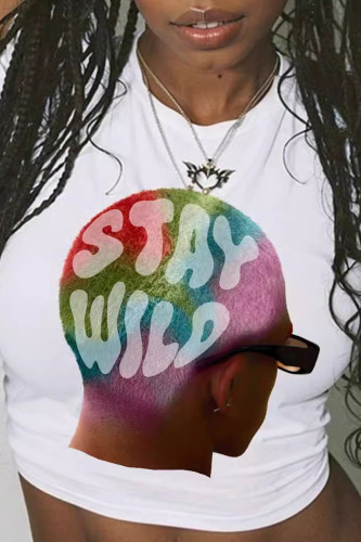 White Sexy Print Patchwork O Neck T-Shirts