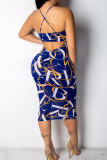 White Sexy Print Patchwork Backless Spaghetti Strap Long Dresses