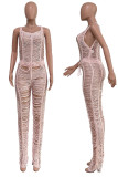 Brown Sexy Solid Color Hollow Out Patchwork See-Through O Neck Regular Jumpsuits
