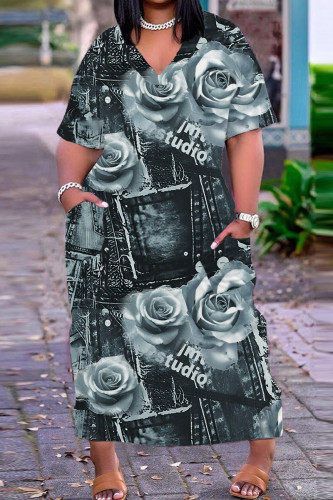 Black Casual Print Basic V Neck Long Plus Size Dresses