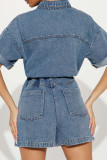 Deep Blue Sexy Solid Color Pocket Buckle Patchwork Zipper Turndown Collar Half Sleeve High Waist Loose Denim Jumpsuits
