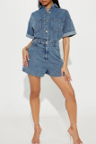 Deep Blue Sexy Solid Color Pocket Buckle Patchwork Zipper Turndown Collar Half Sleeve High Waist Loose Denim Jumpsuits