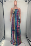 Royal Blue Casual Print Backless Cross Straps Spaghetti Strap Long Dresses