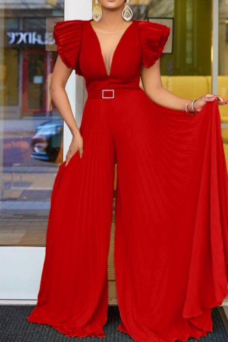 Red Casual Solid Color With Belt Regular Jumpsuits