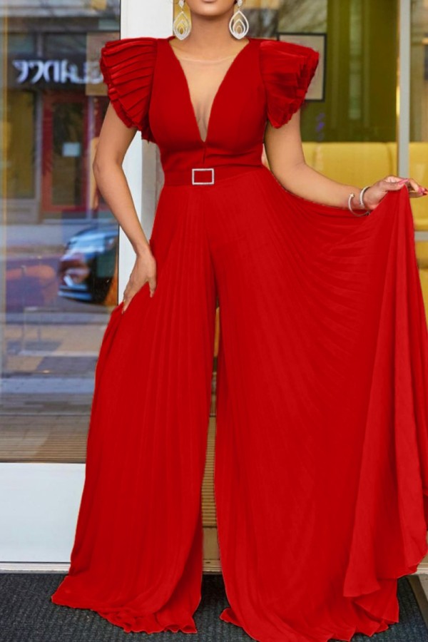 Red Casual Solid Color With Belt Regular Jumpsuits