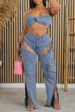 Blue Sexy Casual Solid Color Hollow Out Backless Zipper Strapless Sleeveless Two Pieces
