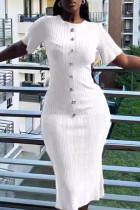 White Casual Solid Color Buttons Patchwork O Neck Wrapped Skirt Dresses