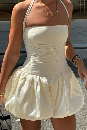 Apricot Sleeveless Backless Evening Party Ruched Halter Mini Bubble Dresses