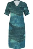 Pink Casual Print Basic V Neck Long Plus Size Dresses