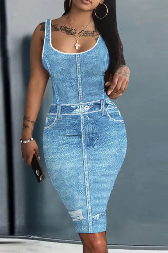 Blue Casual Print Basic U Neck Vest Dresses
