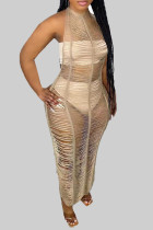 Light Khaki Sexy Solid Color Hollow Out Patchwork See-Through Swimwears Cover Up