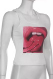 White Sexy Print Patchwork O Neck Tops