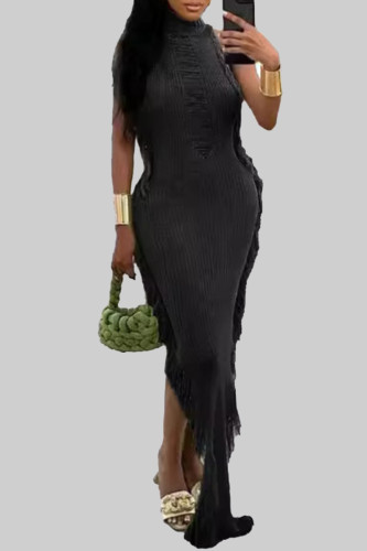 Black Celebrities Solid Color Fringed Trim Hollow Out Patchwork Half A Turtleneck Long Dresses