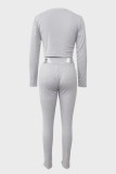 Light Gray Casual Solid Color Hollow Out Belted O Neck Long Sleeve Two Pieces