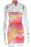 Pink Sexy Print Hollow Out Backless Strapless Wrapped Skirt Dresses