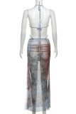 Light Blue Celebrities Print Hollow Out Patchwork Backless Slit Halter Long Dresses