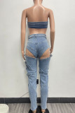 Blue Sexy Casual Solid Color Hollow Out Backless Zipper Strapless Sleeveless Two Pieces