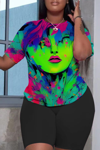 Turquoise Casual Print Basic O Neck Short Sleeve Two Pieces
