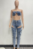 Blue Sexy Casual Solid Color Hollow Out Backless Zipper Strapless Sleeveless Two Pieces