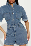 Deep Blue Sexy Solid Color Pocket Buckle Patchwork Zipper Turndown Collar Half Sleeve High Waist Loose Denim Jumpsuits