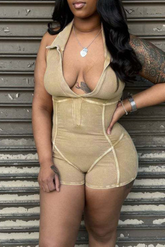 Khaki Casual Solid Patchwork V Neck Jumpsuits Halter Skinny Rompers