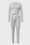 Light Gray Casual Solid Color Hollow Out Belted O Neck Long Sleeve Two Pieces