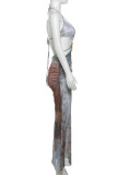 Light Blue Celebrities Print Hollow Out Patchwork Backless Slit Halter Long Dresses