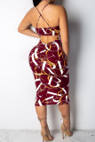 White Sexy Print Patchwork Backless Spaghetti Strap Long Dresses