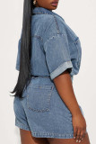 Deep Blue Sexy Solid Color Pocket Buckle Patchwork Zipper Turndown Collar Half Sleeve High Waist Loose Denim Jumpsuits