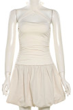 Apricot Sleeveless Backless Evening Party Ruched Halter Mini Bubble Dresses