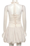 Apricot Sleeveless Backless Evening Party Ruched Halter Mini Bubble Dresses