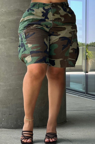 Camouflage Casual Camouflage Print Pocket Buttons Zipper Loose Mid Waist Straight Leg Shorts