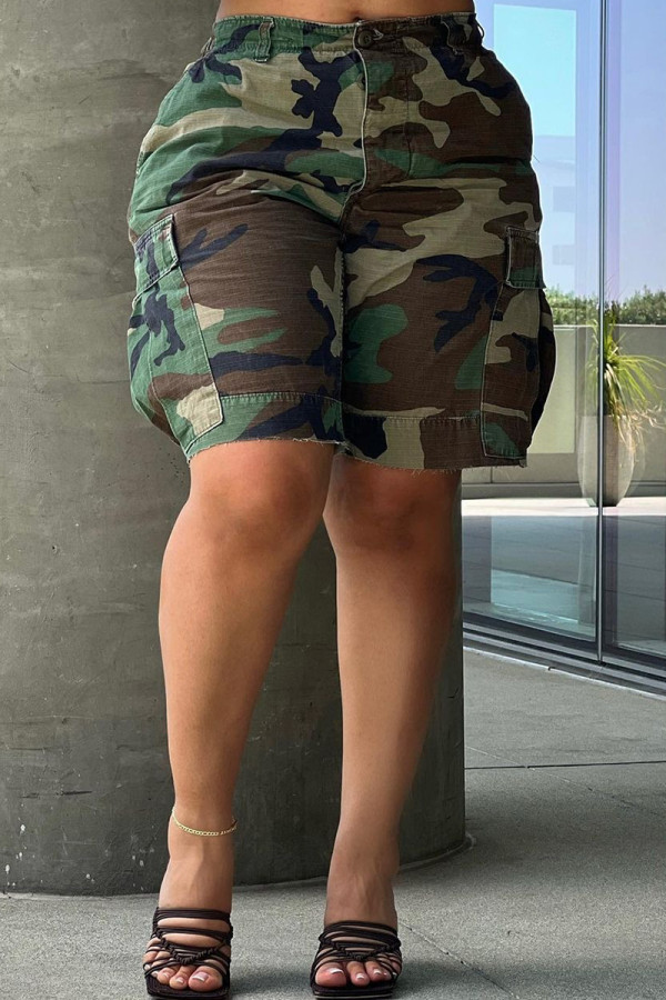 Camouflage Casual Camouflage Print Pocket Buttons Zipper Loose Mid Waist Straight Leg Shorts