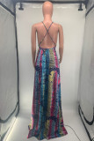 Royal Blue Casual Print Backless Cross Straps Spaghetti Strap Long Dresses