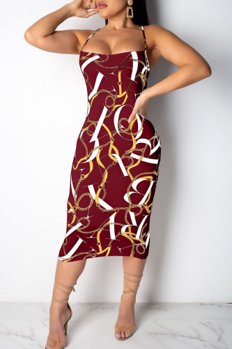 Burgundy Sexy Print Patchwork Backless Spaghetti Strap Long Dresses