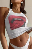 White Sexy Print Patchwork O Neck Tops