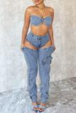 Blue Sexy Casual Solid Color Hollow Out Backless Zipper Strapless Sleeveless Two Pieces