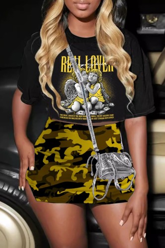 Yellow Casual Print Basic O Neck Short Sleeve Two Pieces