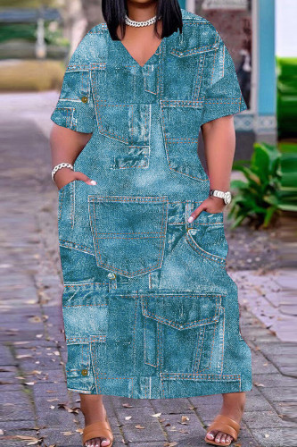 Baby Blue Casual Print Basic V Neck Long Plus Size Dresses