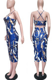 White Sexy Print Patchwork Backless Spaghetti Strap Long Dresses
