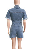 Deep Blue Sexy Solid Color Pocket Buckle Patchwork Zipper Turndown Collar Half Sleeve High Waist Loose Denim Jumpsuits